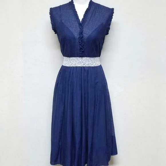 Rare Vintage 40s Glass Original Blue Ruffle Cotton Voile Tie-Waist A-line Dress - Picture 4 of 11